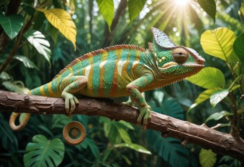 Naklejka premium A vibrant chameleon perched on a branch with textured bark, showing its bright green and yellow scales, surrounded by lush tropical foliage. The sun filters through the leaves, ai