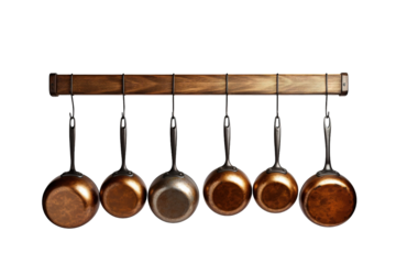 Elegant Display of Copper and Metal Kitchen Pots Hanging on Wooden Rack in Modern Culinary Space on Transparent PNG Background.