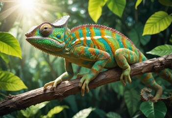 Obraz premium A vibrant chameleon perched on a branch with textured bark, showing its bright green and yellow scales, surrounded by lush tropical foliage. The sun filters through the leaves, ai