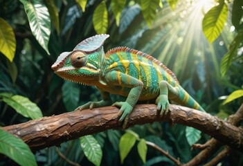 A vibrant chameleon perched on a branch with textured bark, showing its bright green and yellow scales, surrounded by lush tropical foliage. The sun filters through the leaves, ai