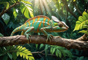 A vibrant chameleon perched on a branch with textured bark, showing its bright green and yellow scales, surrounded by lush tropical foliage. The sun filters through the leaves, ai