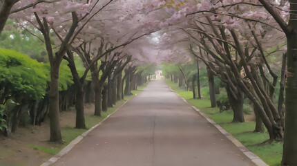 Obraz premium a long road lined with trees and bushes