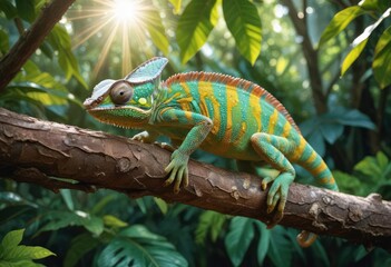 A vibrant chameleon perched on a branch with textured bark, showing its bright green and yellow scales, surrounded by lush tropical foliage. The sun filters through the leaves, ai