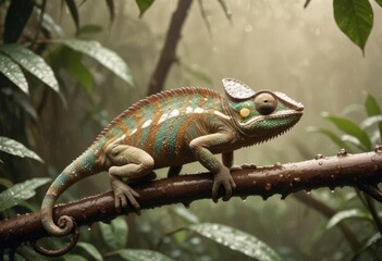 Fototapeta premium A chameleon on a branch in a rain-soaked jungle, droplets of water glistening on its vibrant skin, surrounded by dense, dripping greenery and mist., high detail, vintage sepia, ai