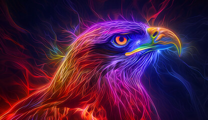Fototapeta premium Eagle with colorful neon retro wave background. synthwave hawk. Illustrations design
