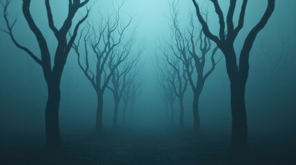 Obraz premium Eerie Foggy Forest with Bare Trees in Misty Atmosphere, Spooky and Mysterious Landscape, Dark and Haunting Woodland Scene, Perfect for Halloween or Horror Themes