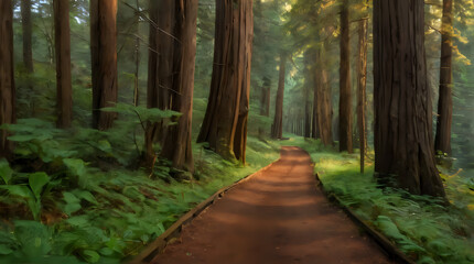 Fototapeta premium a path in the woods with a bench on the side