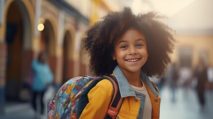 Smiling Young Girl with Backpack in Urban Setting