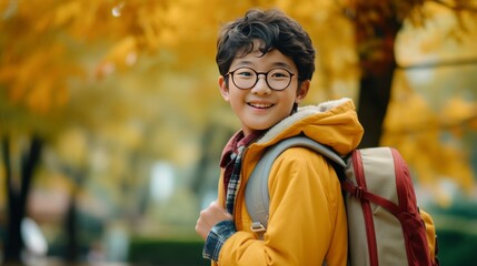 Happy Asian Boy With Backpack in Autumn Park