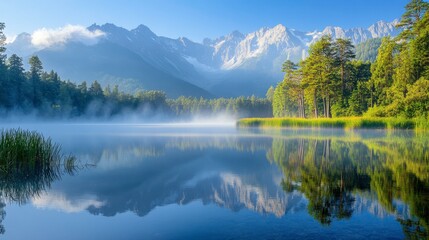 Obraz premium A serene lake with reflections of mountains and trees, early morning mist