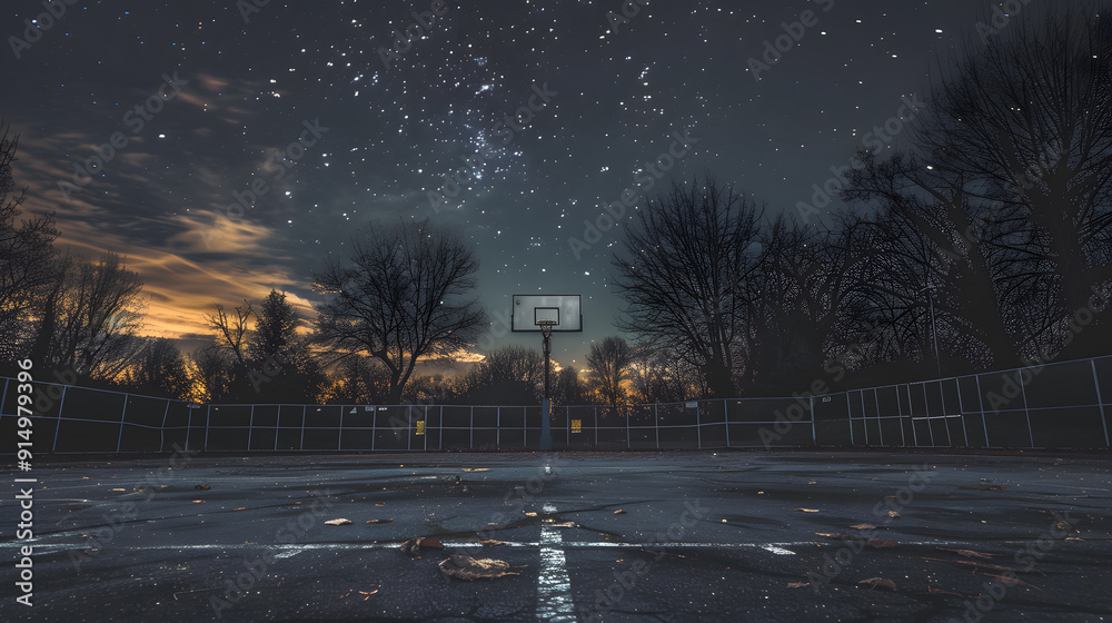 Wall mural a basketball court with a hoop and a few trees in the background