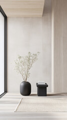 Modern interior design composition in a living room with minimalist furniture, cream wall panels and natural window lighting. Property interiors with copyspace.