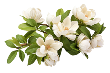 Delicate White Magnolia Blossoms in Full Bloom Amidst Lush Green Leaves on a Spring Afternoon on Transparent PNG Background.