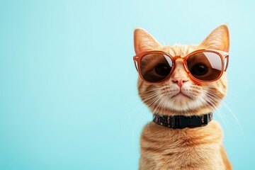 loseup portrait of funny ginger cat wearing sunglasses isolated on light cyan. Copyspace. ai