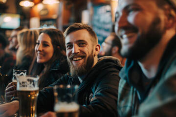 Group of football fans in pub. Generative AI