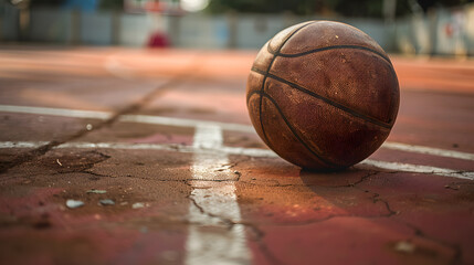 A basketball on the ground in front of a basketball hoop