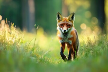 Fototapeta premium Red Fox hunting, Vulpes vulpes, wildlife scene from Europe. Orange fur coat animal in the nature habitat. Fox on the green forest meadow, ai