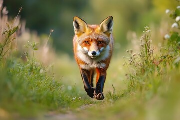 Naklejka premium Red Fox hunting, Vulpes vulpes, wildlife scene from Europe. Orange fur coat animal in the nature habitat. Fox on the green forest meadow, ai