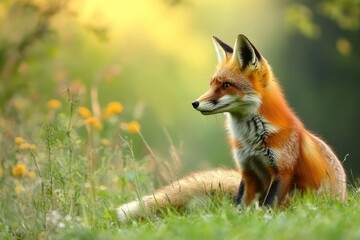 Fototapeta premium Red Fox hunting, Vulpes vulpes, wildlife scene from Europe. Orange fur coat animal in the nature habitat. Fox on the green forest meadow, ai