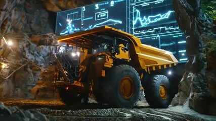 Large yellow mining truck in a mine with digital displays.