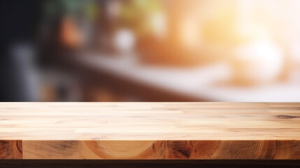 empty table board and defocused modern kitchen background