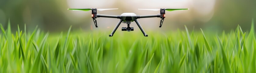 A drone flying over lush green grass, showcasing modern technology in agriculture and landscape surveying.