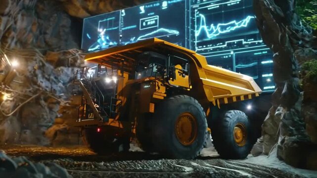 Large yellow mining truck in a mine with digital displays.