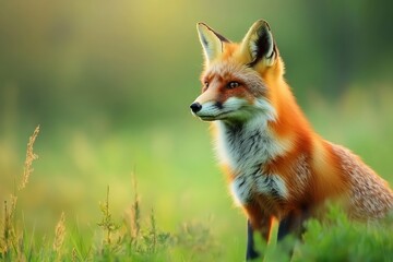 Red Fox hunting, Vulpes vulpes, wildlife scene from Europe. Orange fur coat animal in the nature habitat. Fox on the green forest meadow, ai