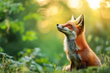 Red Fox hunting, Vulpes vulpes, wildlife scene from Europe. Orange fur coat animal in the nature habitat. Fox on the green forest meadow, ai
