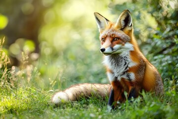 Red Fox hunting, Vulpes vulpes, wildlife scene from Europe. Orange fur coat animal in the nature habitat. Fox on the green forest meadow, ai