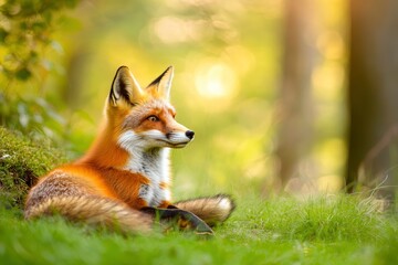 Fototapeta premium Red Fox hunting, Vulpes vulpes, wildlife scene from Europe. Orange fur coat animal in the nature habitat. Fox on the green forest meadow, ai