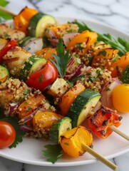 Enjoy quinoa and veggie skewers that emphasize heart-healthy nutrition and fresh ingredients