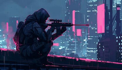 Fierce Soviet Red Army Sniper Wielding Deadly Mosin Nagant Rifle in Synthwave Esport. synth-wave warrior. Illustrations design