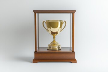 Champion's Glory: Golden Cup in a Prestigious Trophy Case on White Background