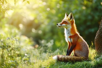 Obraz premium Red Fox hunting, Vulpes vulpes, wildlife scene from Europe. Orange fur coat animal in the nature habitat. Fox on the green forest meadow, ai