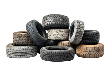 Stacked Collection of Used Tires in Various Conditions Displaying Wear Over Time on Transparent PNG Background.