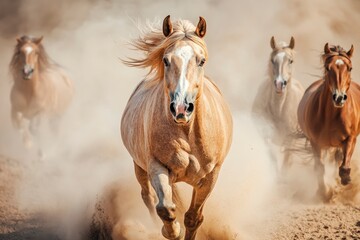 Obraz premium Horses with long mane portrait run gallop in desert dust, ai