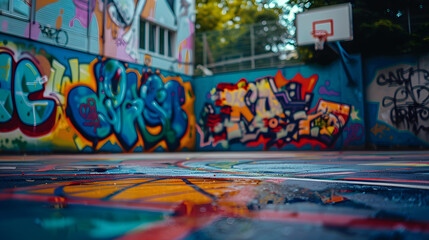 A basketball court with graffiti on the walls and a basketball hoop