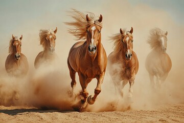 Obraz premium Horses with long mane portrait run gallop in desert dust, ai