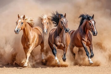 Obraz premium Horses with long mane portrait run gallop in desert dust, ai