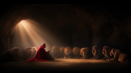 An illustration of the Daniel thrown into the lions den praying to God