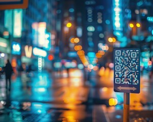 A QR code signpost on a vibrant, blurry urban street at night, with neon lights and bokeh effects in the background.