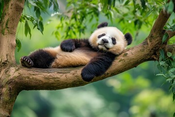 Obraz premium Lazy Panda Bear Sleeping on a Tree Branch, China Wildlife. Bifengxia nature reserve, Sichuan Province , ai
