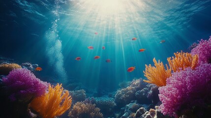 Fototapeta premium A vibrant underwater scene with coral reefs, fish, and sunlight filtering down