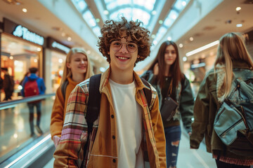 Fototapeta premium Happy teen friends in shopping mall. Generative AI
