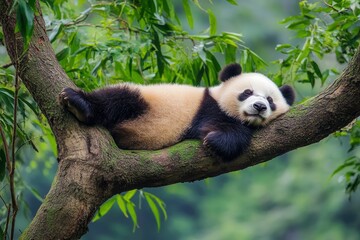 Obraz premium Lazy Panda Bear Sleeping on a Tree Branch, China Wildlife. Bifengxia nature reserve, Sichuan Province, ai