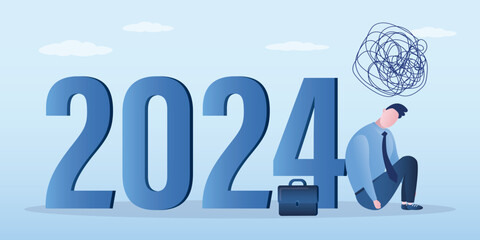 Business failure in 2024, bankruptcy this year, business failure concept. Businessman sitting and frustrated and reflecting about 2024 year. Mental problems, stress, chaos.