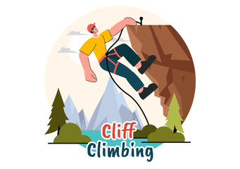 Vector Illustration of Cliff Climbing Featuring a Climber Ascending a Rock Wall or Mountain Cliffs of Extreme Sports in a Flat Cartoon Background