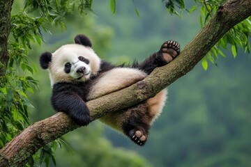 Fototapeta premium Lazy Panda Bear Sleeping on a Tree Branch, China Wildlife. Bifengxia nature reserve, Sichuan Province, ai
