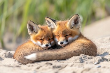 Fototapeta premium Wild baby red foxes cuddling at the beach, June 2020, Nova Scotia, Canada, ai